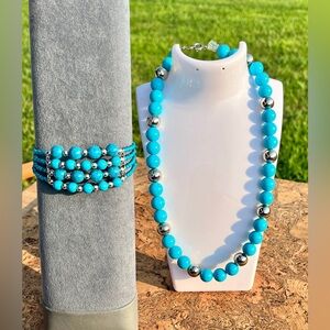Large Round Howite Turquoise & Silver Bead Necklace & Multistrand Cuff Bracelet